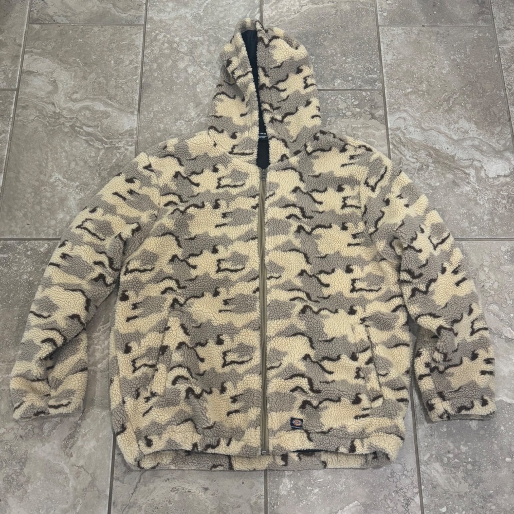 Dickies Skateboarding Mens‎ Camo Sherpa Fleece Full Zip Hoodie Jacket Tan Large